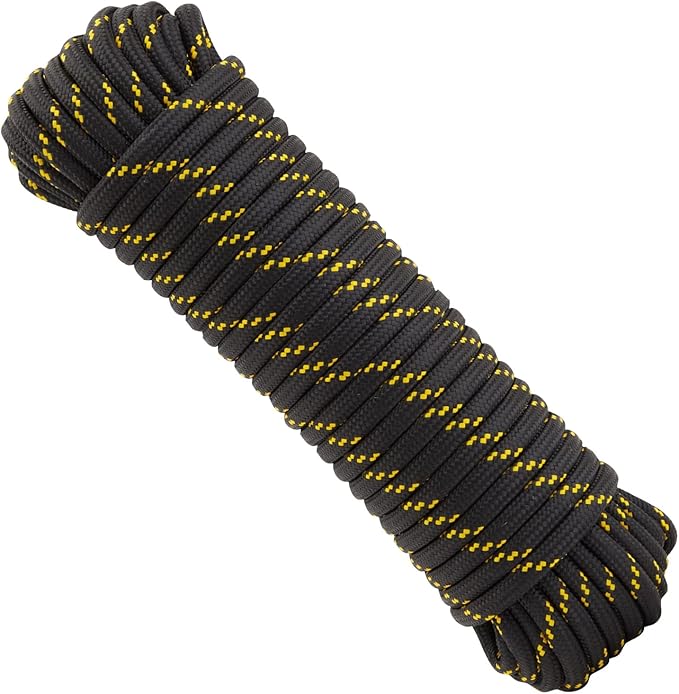 Built Industrial Diamond Braided Rope - 1/2 in x 100 ft, Black & Yellow - Polyester Heavy Duty Rope for Camping, Outdoor G...
