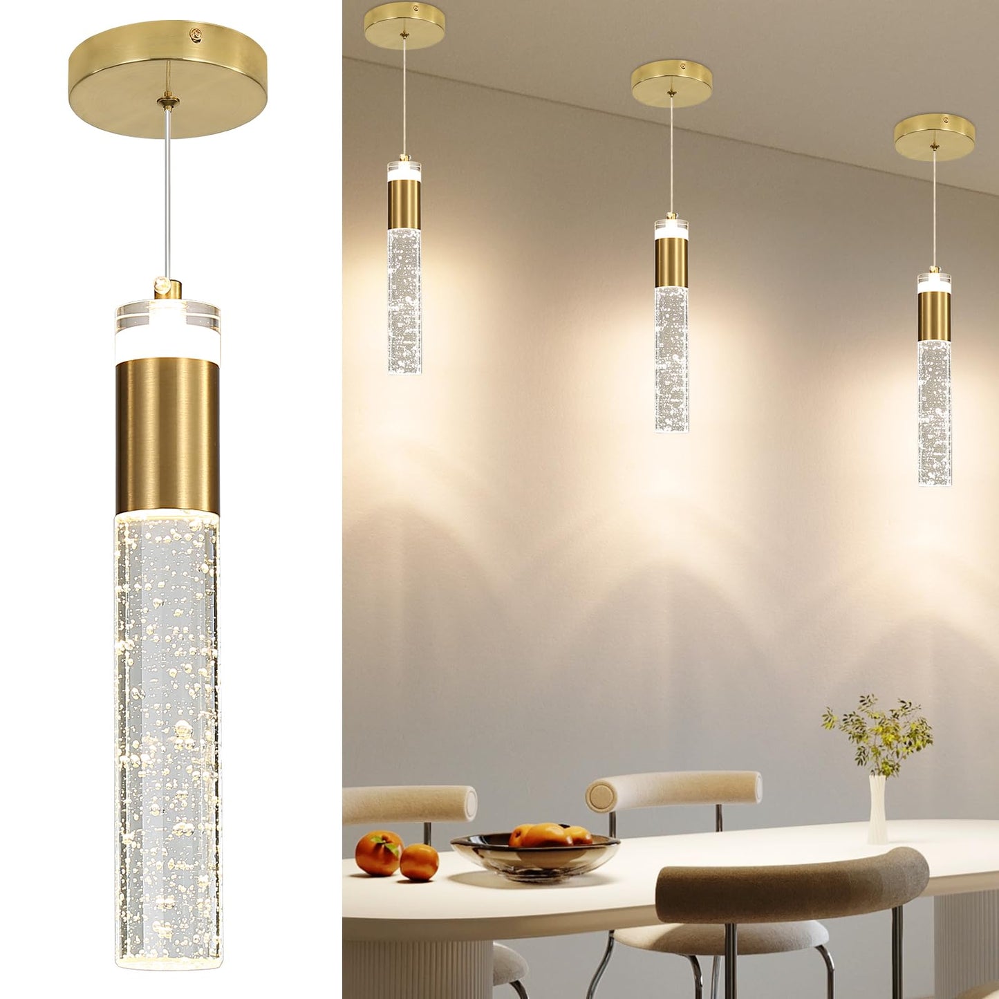 Modern Kitchen Island Pendant Lights  Gold Bubble Crystal Ceiling Hanging Light  3 Color 2700K/4500K/6500K  Mini Linear Led Chandelier Lighting For Dining Room  Bedroom  Bar  Hallway  Bedside