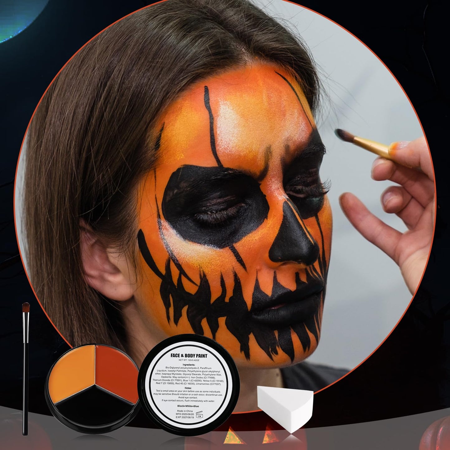 VPCRT6 Black Red Orange Face Body Paint, with 3PCS Sponge and 1PC Brush, Face Painting Kit with Applicator for Halloween Makeup,