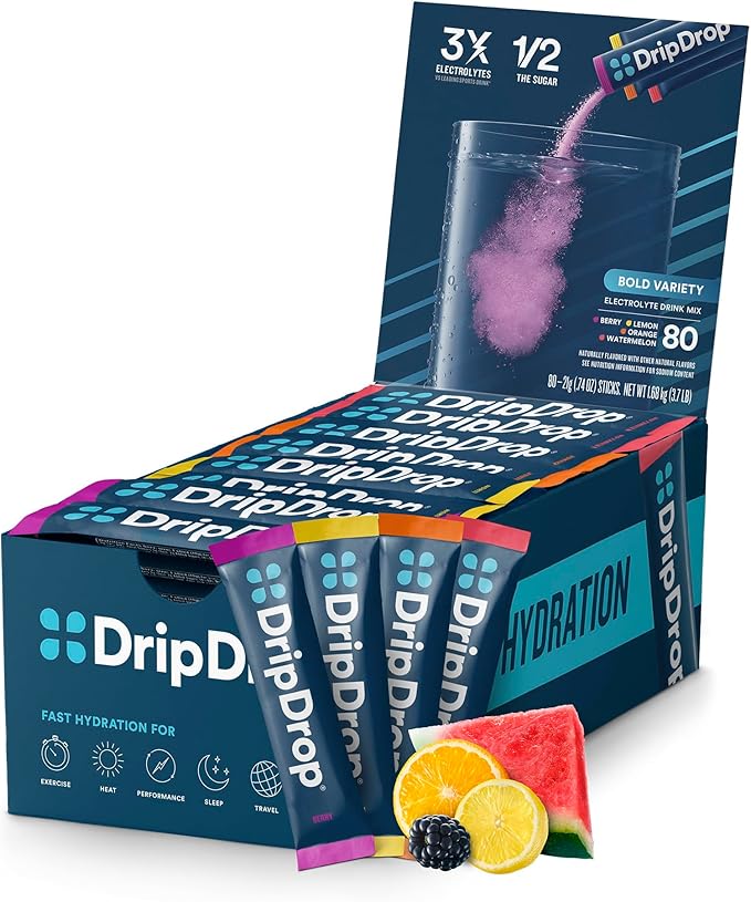 DripDrop Hydration Packets - Bold Variety Pack - Single Serve Electrolytes Powder Drink Mix - Watermelon, Berry, Lemon, Or...