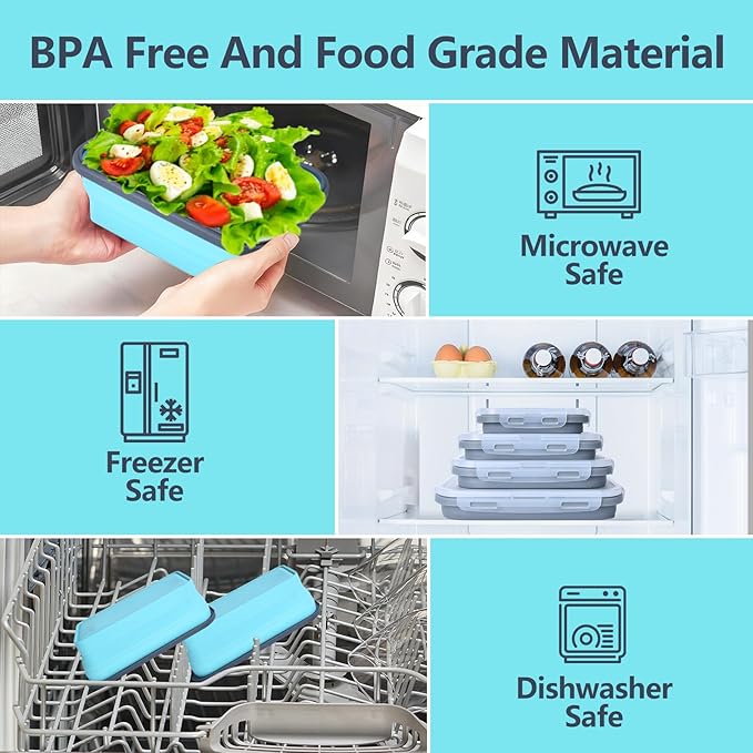 Collapsible Silicone Food Storage Containers with Lids, Collapsible Food Storage Containers, Camping Dishes,4 Pack Foldable Lunch Box for Leftovers, Meals, Snacks, Blue Gray Trim