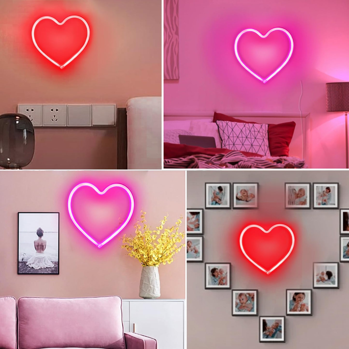 2-Pack Heart Neon Sign, Neon Heart Lights Battery Operated or USB Powered for Valentines Day Decorations, Valentines Lights for Wedding Proposal Anniversary Mothers Day Girls’ Room Decor (Pink & Red)