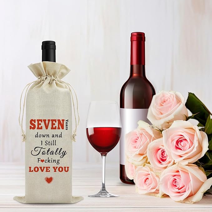 7th Year Marriage Gift for Couple Wife Husband Wine Bag 7th Anniversary Wedding Gift for Women Men Wine Gift Bag Valentine Birthday Christmas Gift for Him Her Drawstring Wine Wrapping Bag