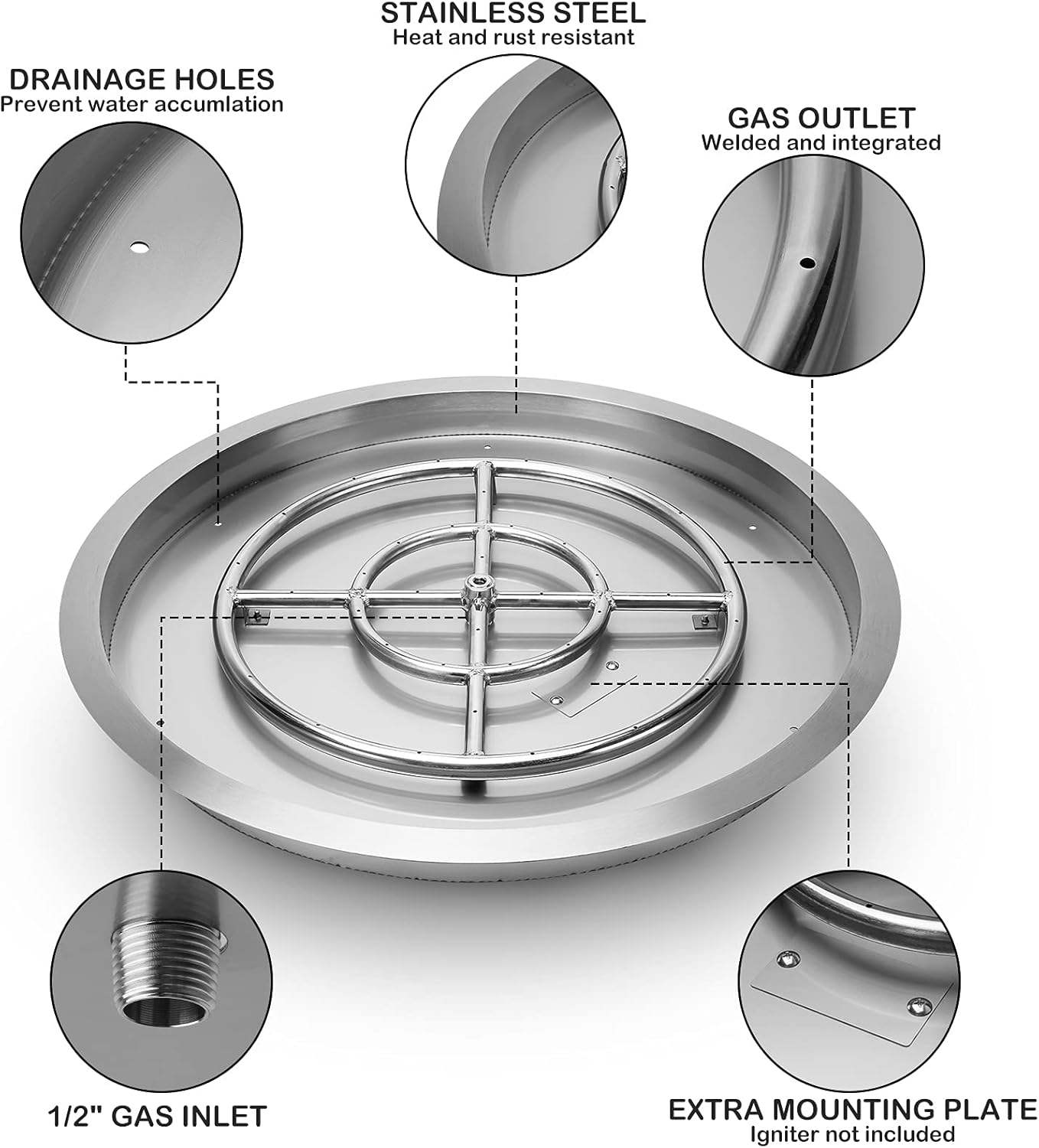 Stanbroil 19 InchDrop-in Round Fire Pit Kit with Spark Ignition,304 Stainless Steel Gas Fire Pit for Outdoor Indoor- Natural Gas Version