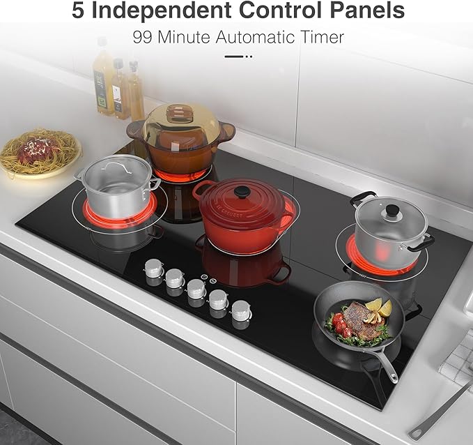 VBGK Electric cooktop 36 inch,240V 8600W 36 inch Induction Cooktop,Built-in and Countertop Electric Stove Top,Knob Control 9 Heating Level Timer & Kid Safety Lock