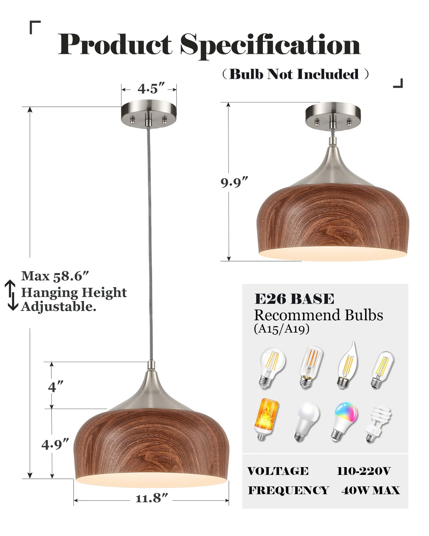 Elyona Brushed Nickel Pendant Light Wooden Pattern Dome Pendant Light Fixture Nickel Metal Modern Adjustable Hanging Lighting For Kitchen Island Dining Room Office Hallway Foyer Bedroom  12 Inch