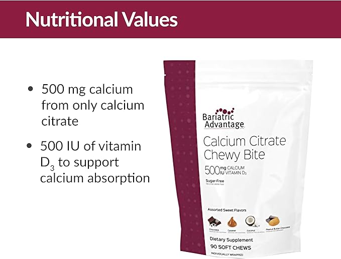 Bariatric Advantage Calcium Citrate Chewy Bites 500 mg - for Bariatric Surgery Patients - Vitamin D3 - Sugar-Free Chewable Calcium Supplement - Bariatric Chews - Assorted Sweet Flavor - 90 Count
