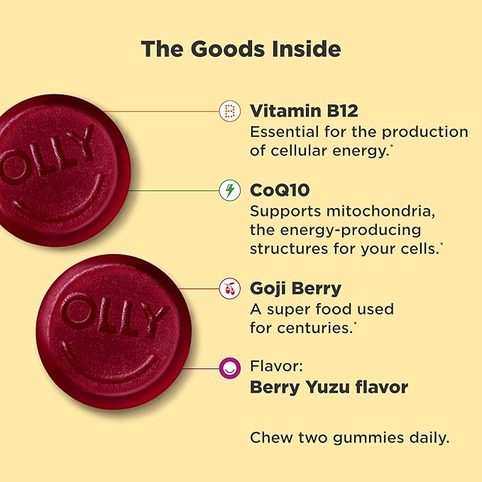 OLLY Men's Multivitamin Gummy, Overall Health and Immune Support, Vitamins A, C, D, E, B, Lycopene & Extra Strength Daily Energy Gummy, Caffeine Free, 1000mcg Vitamin B12, CoQ10, Goji Berry