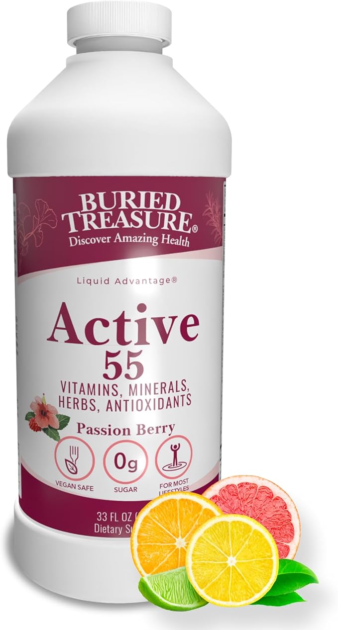 Buried Treasure Active 55 Plus - 32 serv, Liquid Multivitamin for Seniors, Vegan, Sugar-Free, Natural Immune Support, Vitamins & Super-Foods Blend