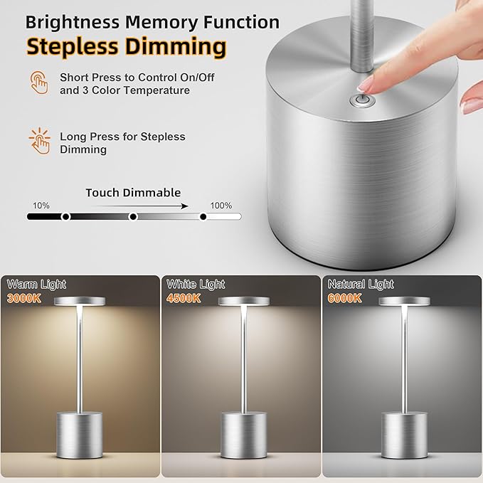 Cordless Table Lamps Rechargeable - Outdoor Waterproof LED Table Light Portable 5000mAh Battery Operated Lamp 3 Color Stepless Dimming with Memory Function for Restaurant Dining Patio (Silver)