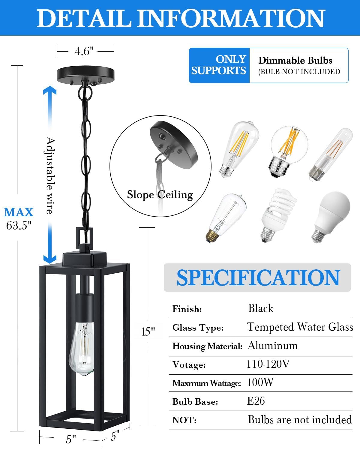 Myhxq 15 Large Motion Sensor Outdoor Pendant Lights  Dusk To Dawn Modern Outside Chandelier Outdoor Hanging Lantern With Clear Glass  Exterior Pendant Lighting Fixture For Porch  Yard  Black  1Pack
