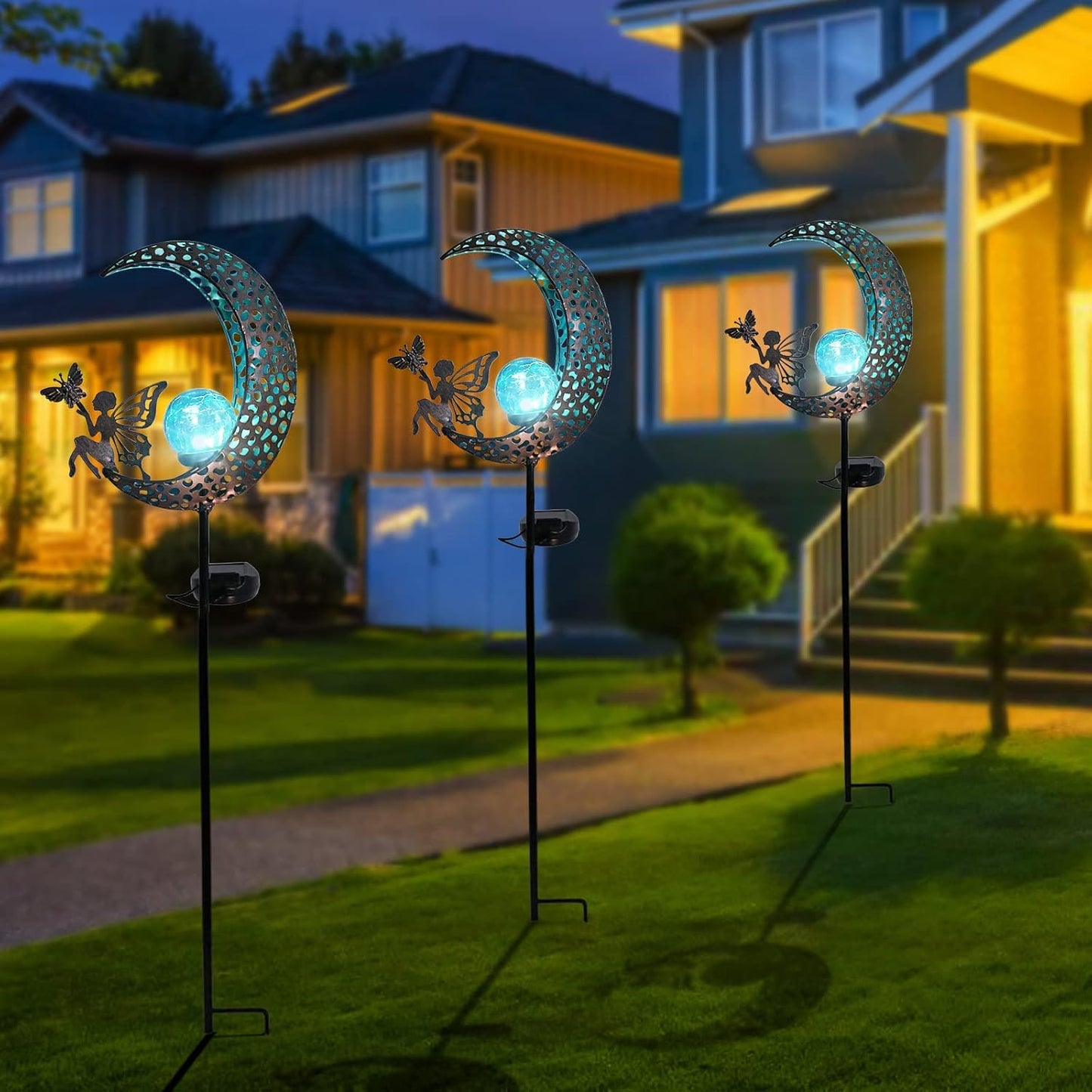 Bshine Moon Solar Light Outdoor Garden Decoration, Moon Fairy Garden Statue Outdoor Decor,Metal Waterproof Light Stake for Patio, Path, Yard and Lawn Ornament, Housewarming Gift for Mom,Blue