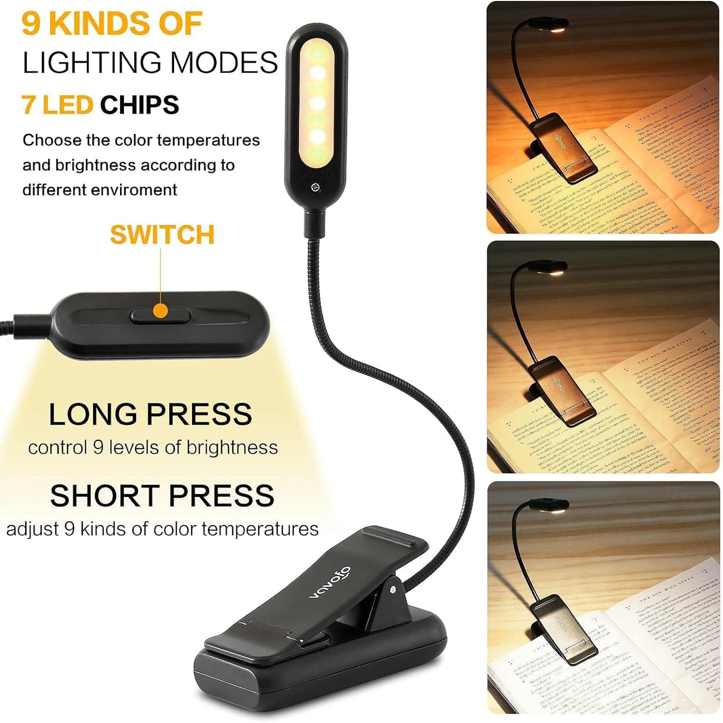 VAVOFO Clip On Reading Light, 7 LEDs, 3 Color Temperatures, 9 Brightness Levels, 2-Pack, Black, Model KM-6720