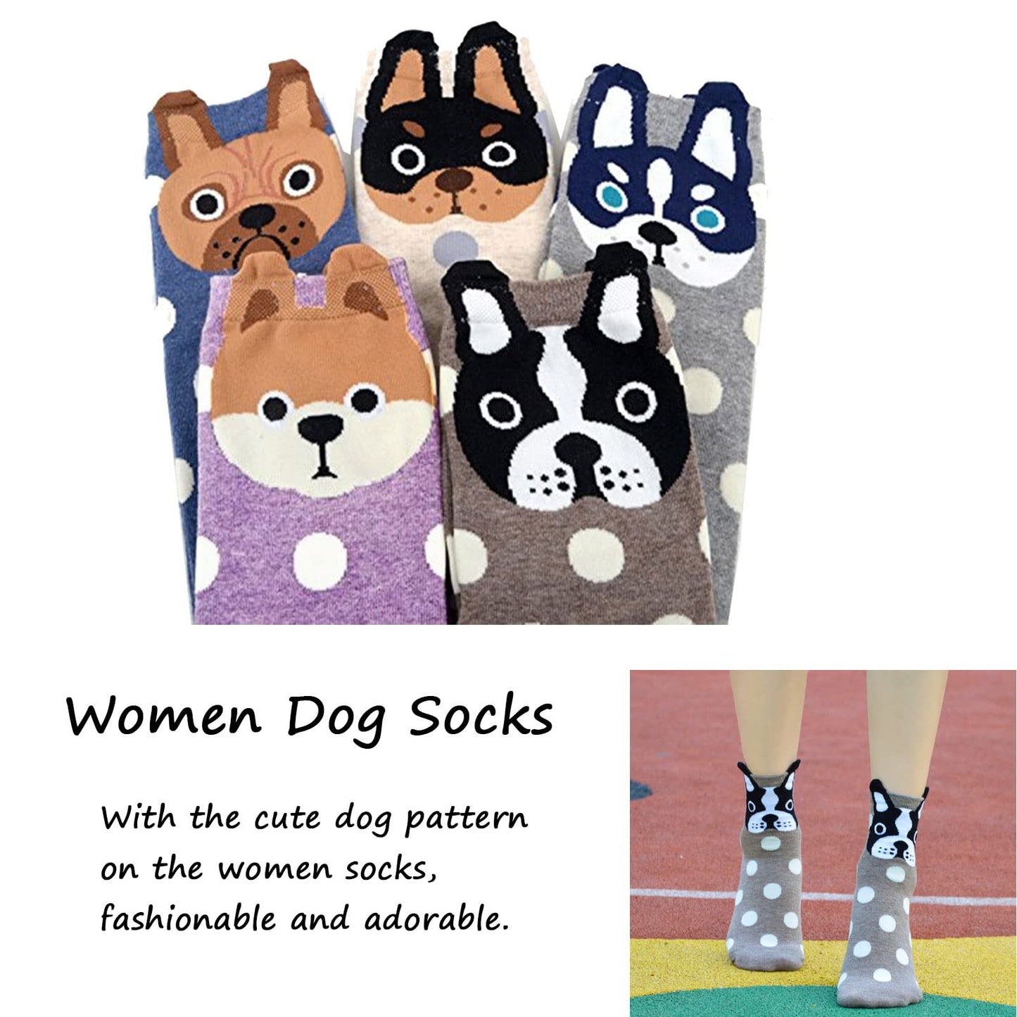 HABUAETY Women Cat Dog Socks Girls Animal Sox Fun Funny Kitty Doggie Ankle Sock Adult Ladies Gift 5 Pairs