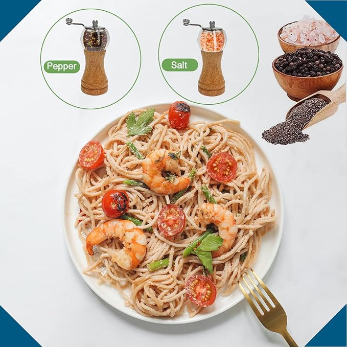 Salt and Pepper Grinder Set Hand Crank Salt and Pepper Mill Classical Wooden Salt Grinder Manual Acrylic Pepper Shaker with Adjustable Coarseness for Home Kitchen (Burlywood 1pcs-6in)