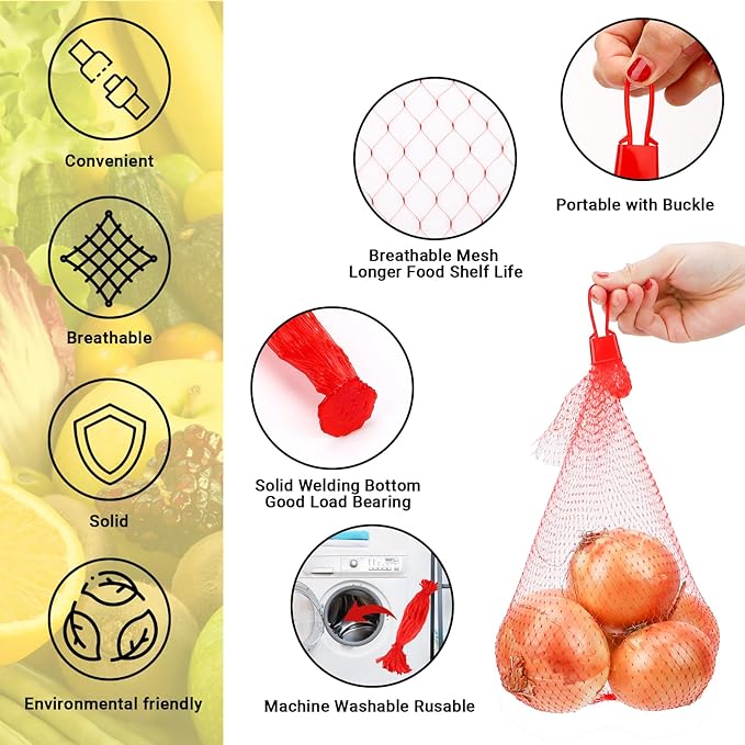 100 Pack Reusable Produce Bags, Mesh Netting with Loop-Style Closures, Onion Bags Mesh Bags for Vegetables, Melon Cradle for Garden Trellis Fruit Hammock Onion Storage, 19.7 inch Red
