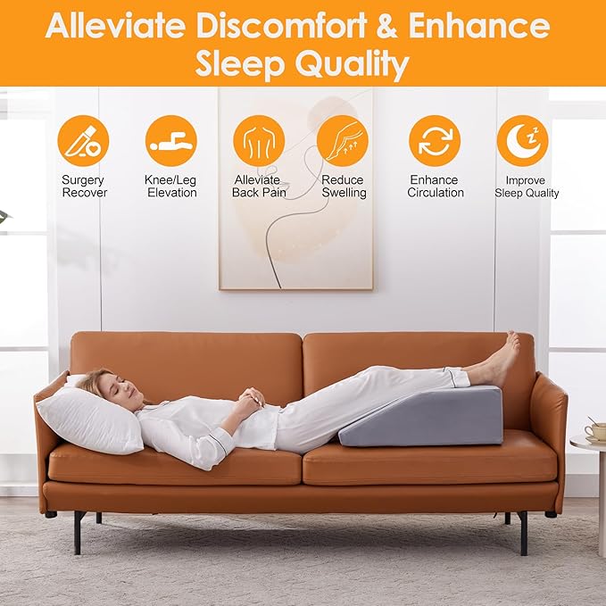 Leg Elevation Pillows for Sleeping, Memory Foam Wedge Pillow for Legs, Knee Wedge Pillow for After Surgery, Swelling, Back Pain and Circulation, Non-Slip Bottom, Removable Cover (6 Inch)