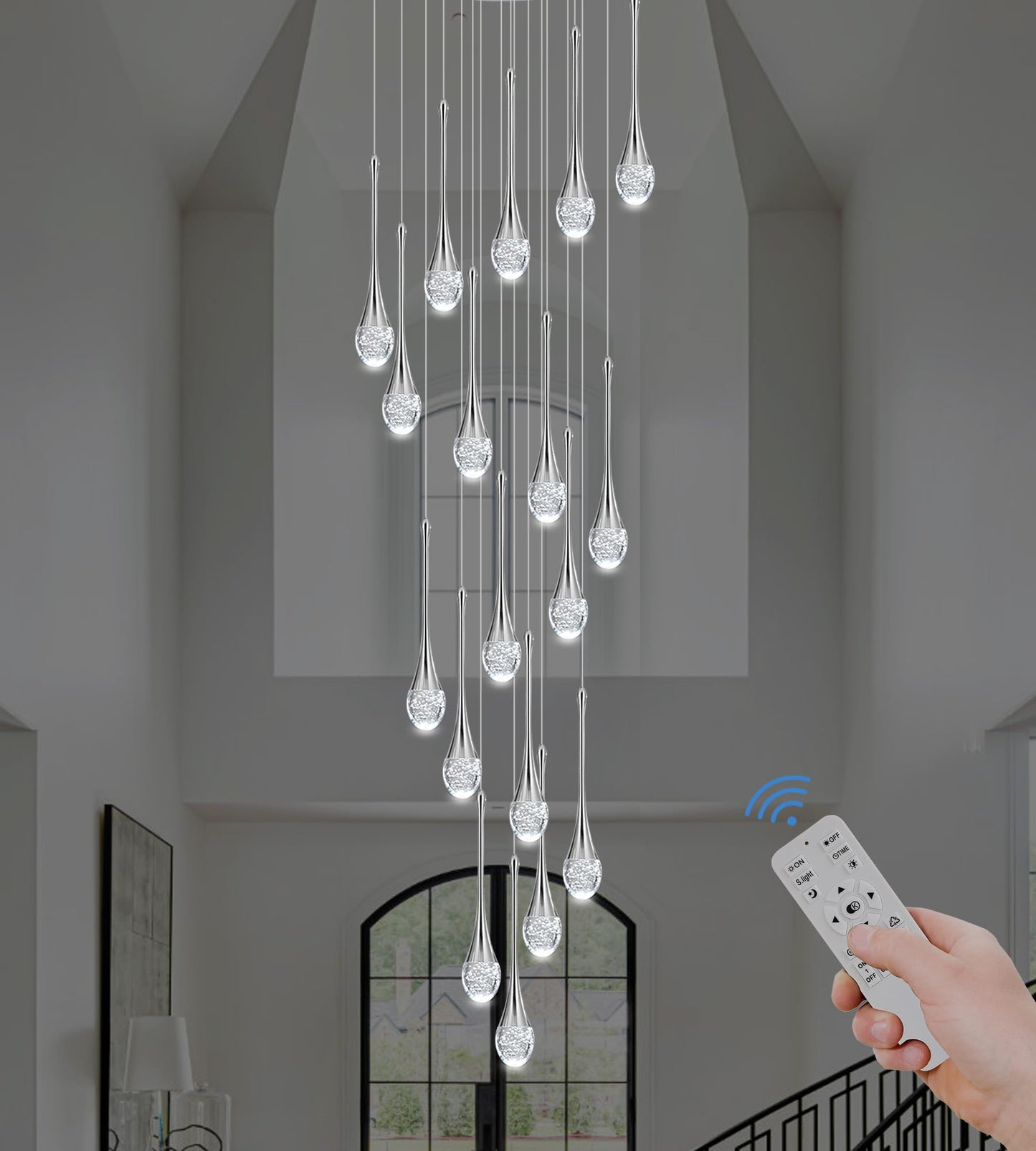 Upfelw Modern Crystal Staircase Chandelier Polished Chrome 18-Lights  H118 Large High Ceiling Spiral Dimmable Led Raindrop Foyer Entryway Light Fixture Remote Control
