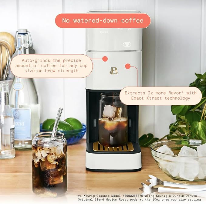 Beautiful Perfect Grind Programmable Single Serve Coffee Maker with Touch-activated Display, Programmable and Integrated Burr Grinder, 64oz Water Reservoir (WHITE ICING)