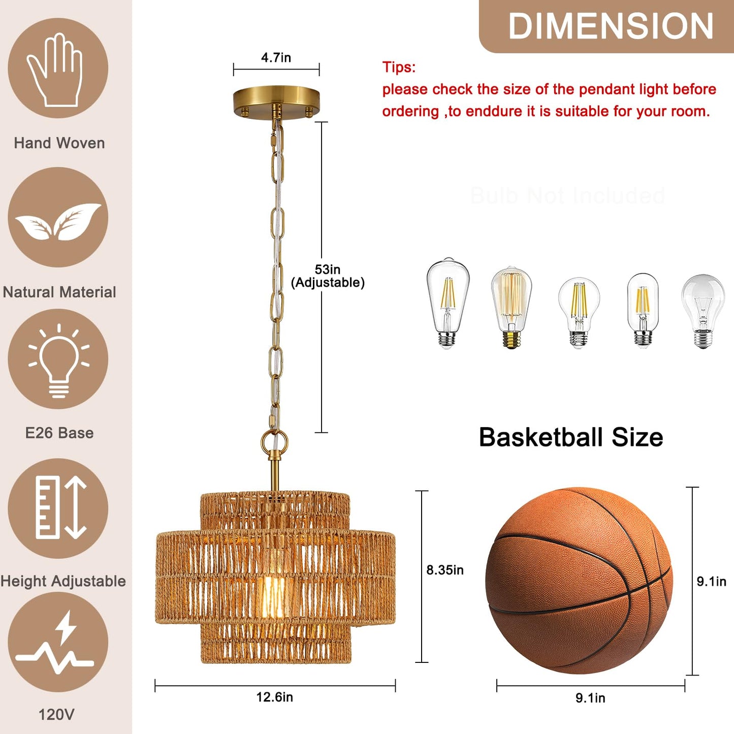 Tunkayli 12.6 Rattan Pendant Light Fixture Vintage Farmhouse Hand-Woven Boho Bamboo Pendant Lighting Mini Drum Wicker Golden Chandelier For Kitchen Island  Bedroom  Dining Room  Entryway  Foyer