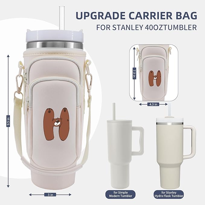 Water Bottle Carrier Bag with Phone Pocket for Stanley 40 oz Tumbler Neoprene Water Bottle Holder Pouch with Adjustable Strap Bollus with Straw Cover & Carabiner for Stanley Cup Accessories