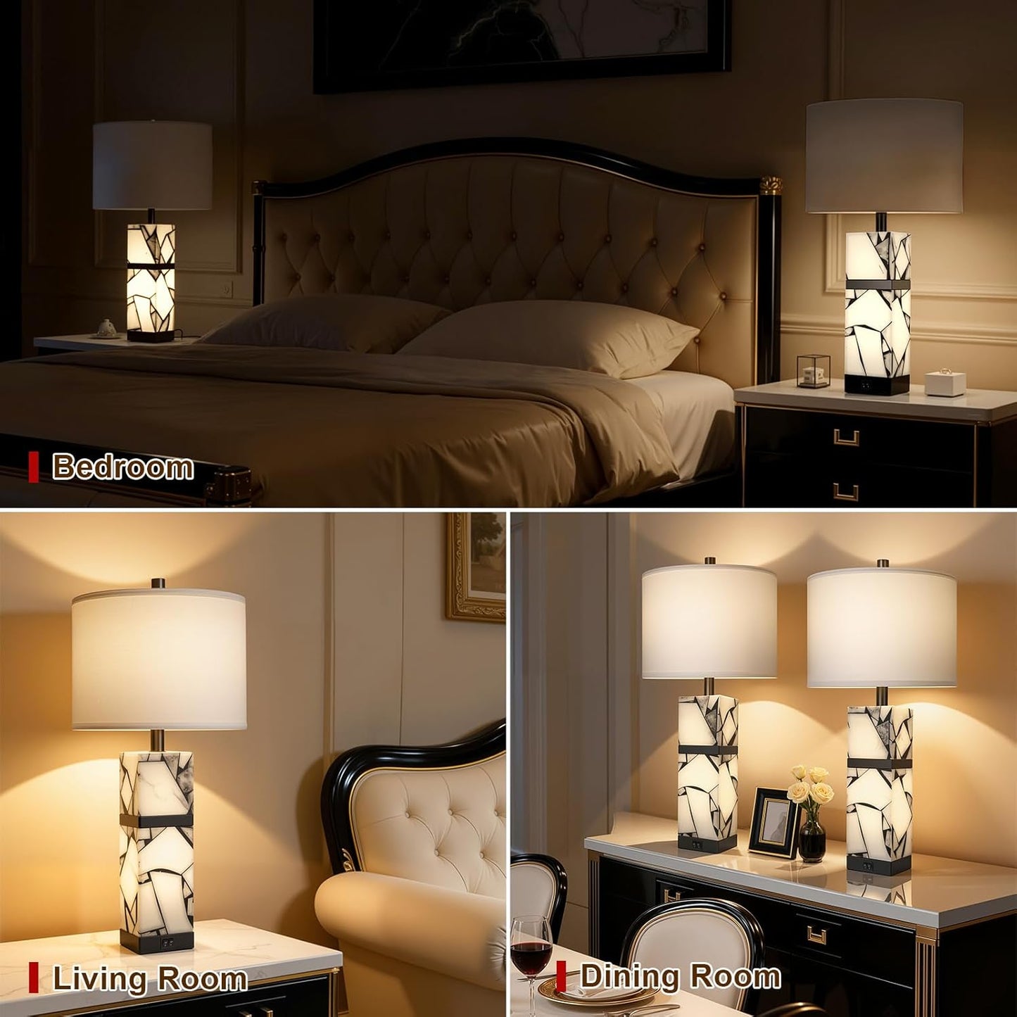Scenekoy 27" Alabaster Table Lamps Set of 2 with Night Light for Living Room Bedroom, Nightstand Lamps with Linen Shade, Modern Bedroom Lamps with USB A+C Ports for Living Room Office (Bulb Included)