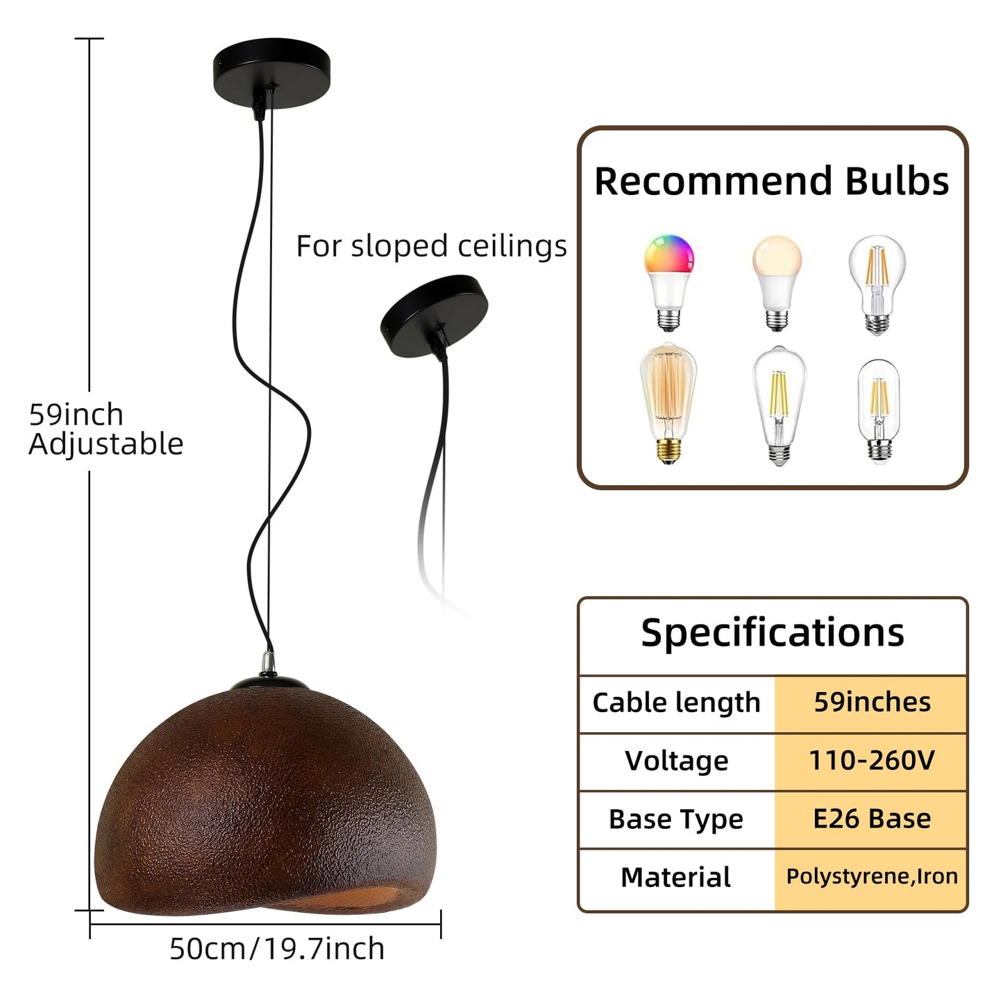 Jaymp 50Cm Wabi Sabi Pendant Light For Dining Room Kitchen Island Farmhouse Hanging Lamp E26 Base Japanese Style Bird Nest Shape Lighting Fixture (Dark Brown B Shape  50Cm/19.7In)