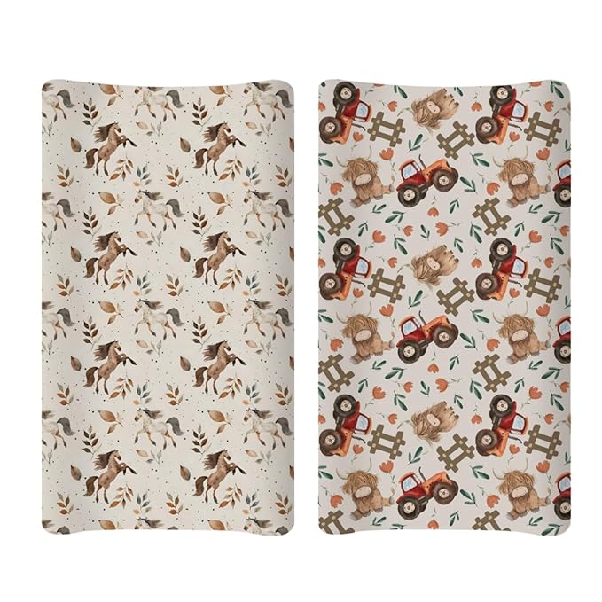 Soft 2 Pack Farm Animals Horse Leaves Highland Cow Tractor Pattern Baby Changing Pad Covers for Infant Newborn, Unisex Western Nursery Fitted Diaper Changing Table Pad Mat Sheets for Boys Girls-16x32