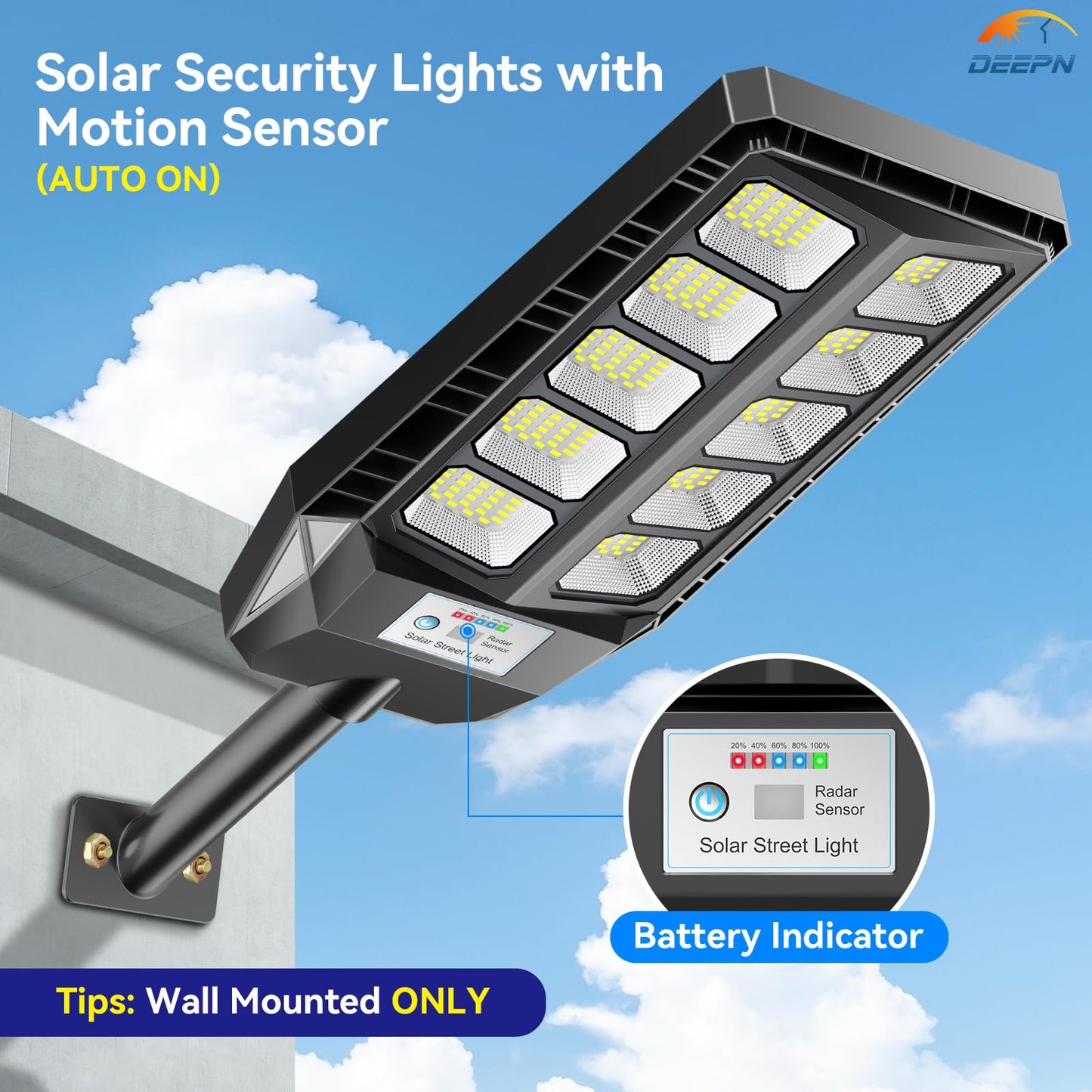 Deepn Solar Lights Outdoor, IP66 Waterproof, 6500K Motion Sensor, Remote Control, Black, Model TW1001, 3 Pack