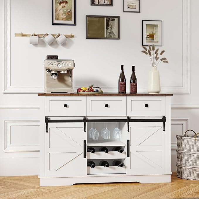 Kmax Farmhouse Wine Bar Cabinet w, 54” Buffet Cabinet with Storage, Rustic White Coffee Bar Cabinet with Sliding Barn Doors, Wine/Glass Rack & 3 Drawers for Living, Dining Room, Brown Top
