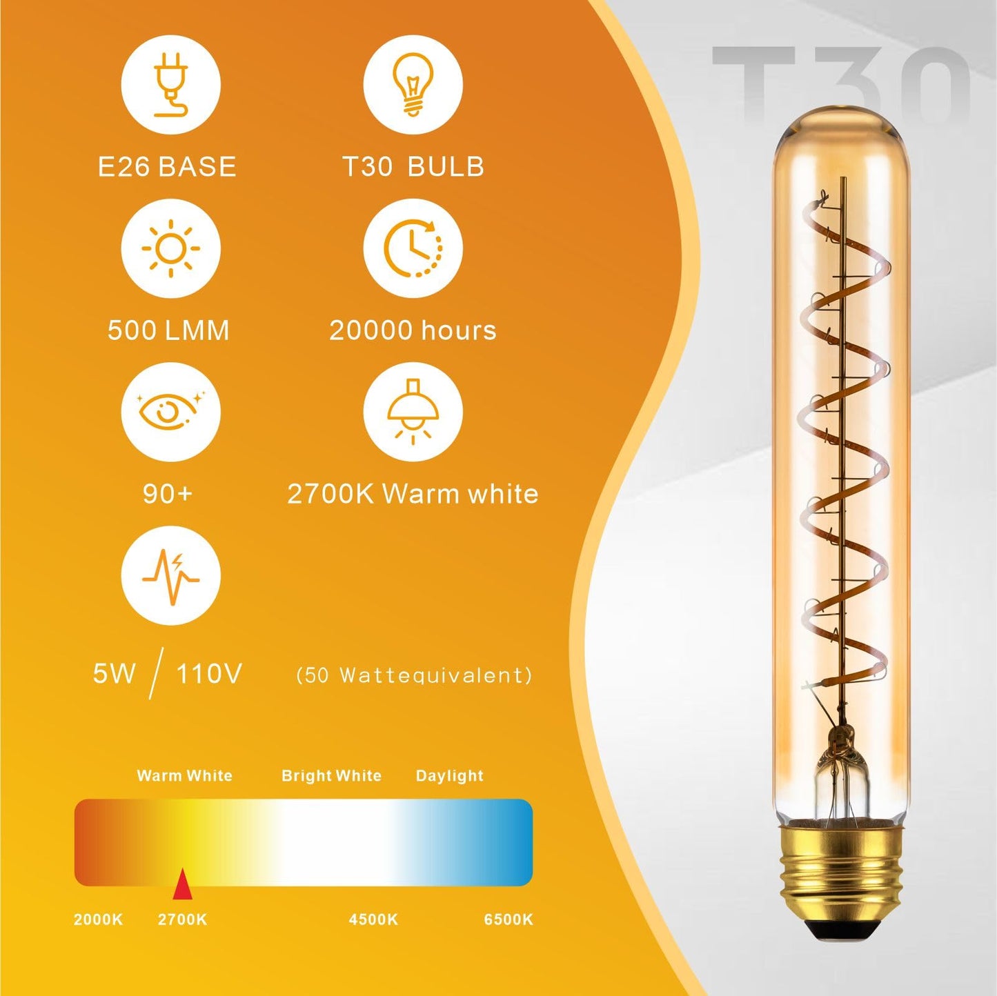 Umlaen 7.3 Inch Tubular Edison Bulb Dimmable Led Light Bulbs  E26 Vintage Light Bulbs Warm White 2700K  5W  Spiral Filament  Amber  For Pendant Lighting Wall Sconces Vanity