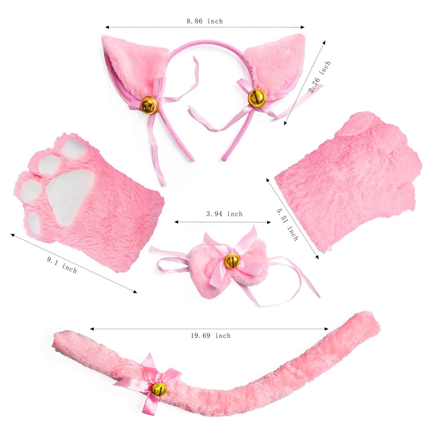 Beelittle Cat Cosplay Costume Kitten Ears Tail Collar Paws Cat Cosplay Collection 5 Pack (Pink)