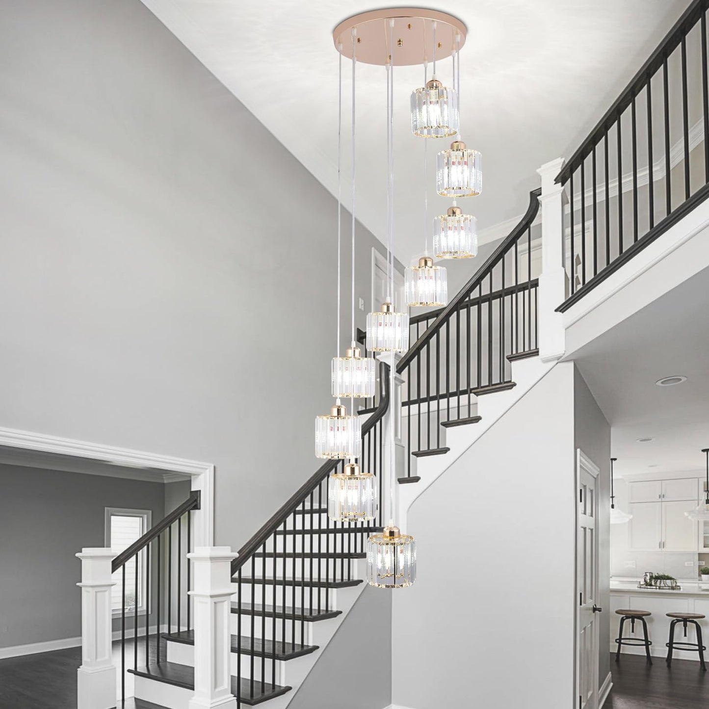 Cainjiazh High Ceilings Long Chandeliers Modern Crystal Pendant Light Raindrop Drop Lamp Hanging Chandeliers Flush Mount Lighting Fixtures For Staircase Foyer Entryway Gold 9 Lights