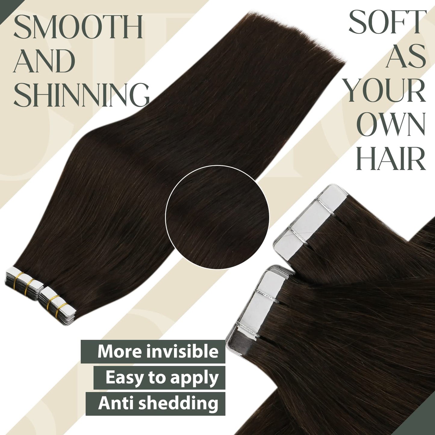 Sunny Hair Tape in Hair Extensions Real Human Hair Invisible Remy Hair Extensions Tape ins for Women Darker Brown 18 inch 20Pcs