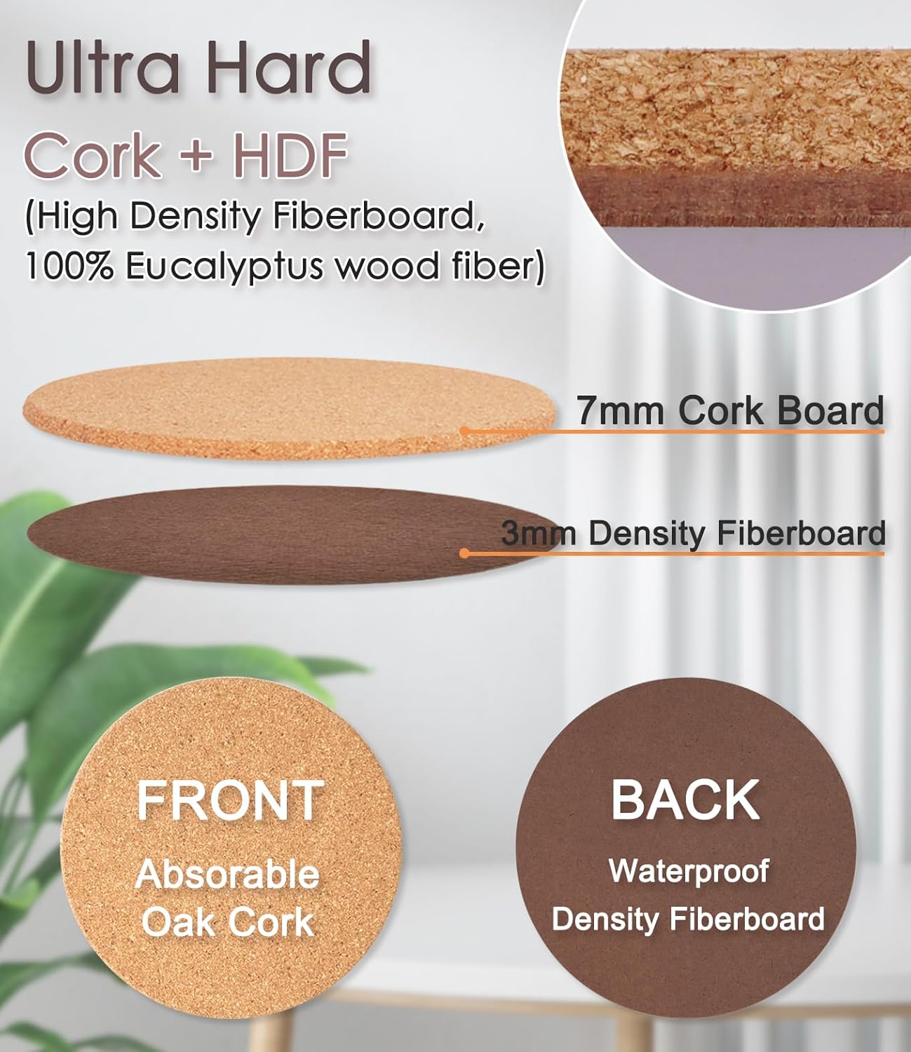 Cork Coasters - Double Layered Thick Cork Planter Coasters, 6 Inch Absorbent Mats, Trivets for Hot Dishes, House Plants - 4 Pcs