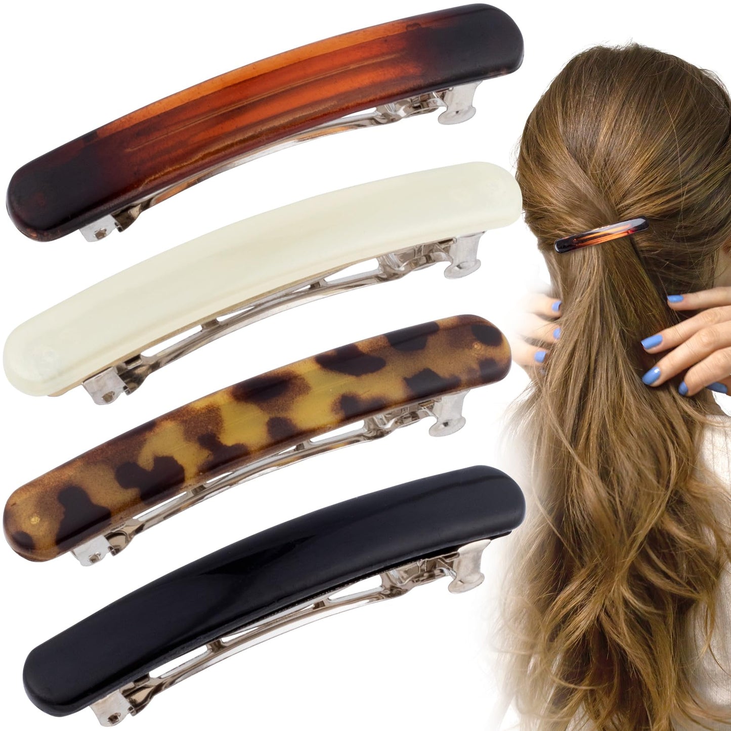 STSTR 4PCS French Barrette Hair Clips for Women, 2.48 Inch Small Tortoise Shell Hair Clip, Curved Glossy Thin Hair Flat Hair Acc