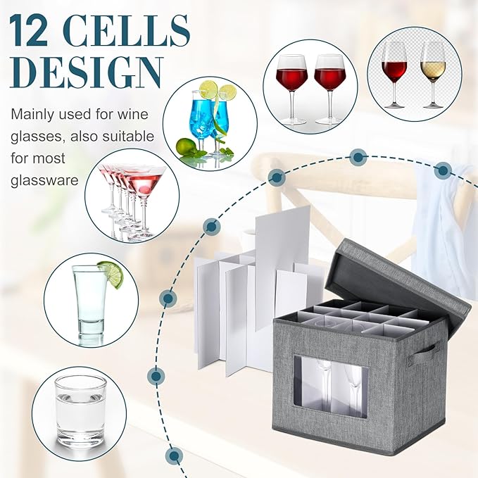 Uiifan 4 Pcs Wine Glass Storage Box with Dividers 12 Compartment Stemware Storage Cases China Container Box with Lid, Handles, PVC Window for Moving, Gray