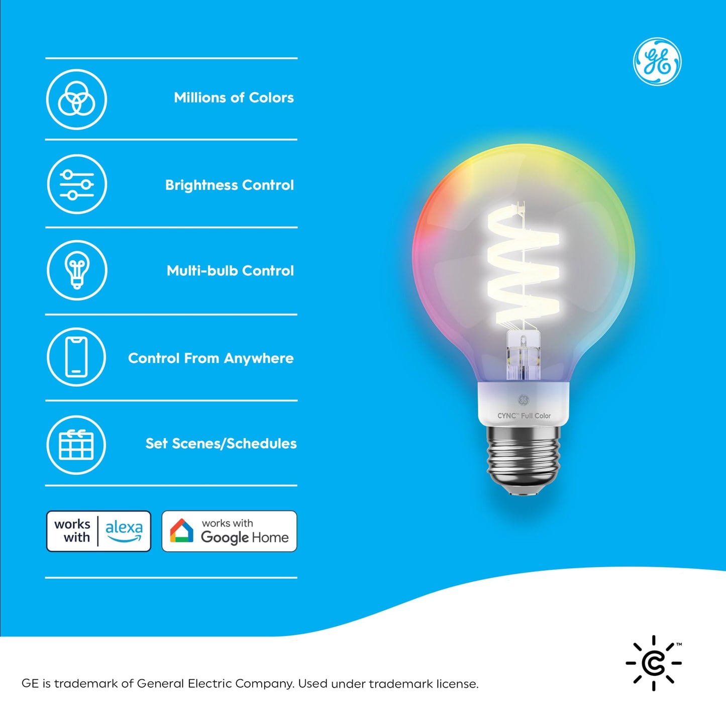 GE CYNC Smart LED Light Bulbs, Color Changing, Bluetooth/Wi-Fi, G25 Globe, 2 Pack, Full Color, Plastic