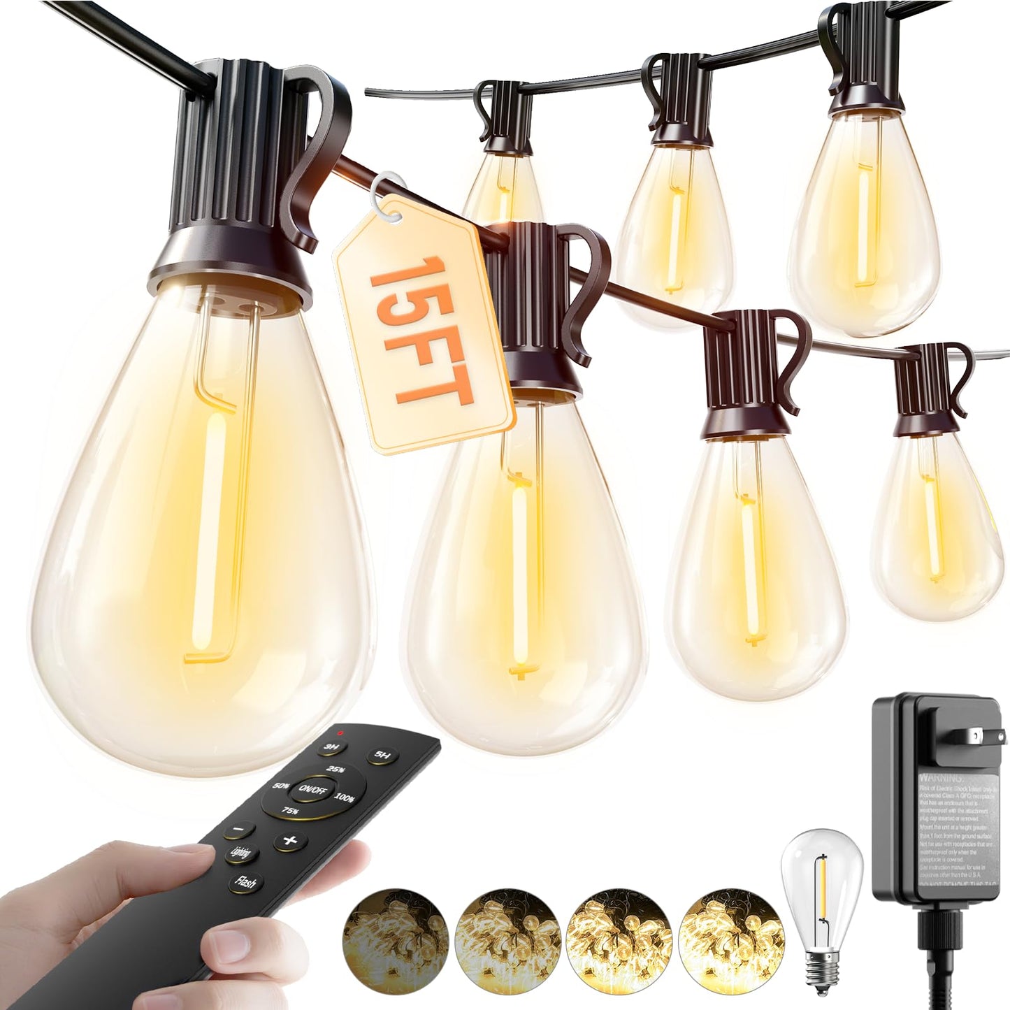 Luckystyle 15Ft Led Outdoor String Lights With Remote  6+1 Shatterproof Bulbs Waterproof And Dimmable Patio Lights For Porch  Garden  Backyard  Deck  Balcony  2700K Hanging Lighting