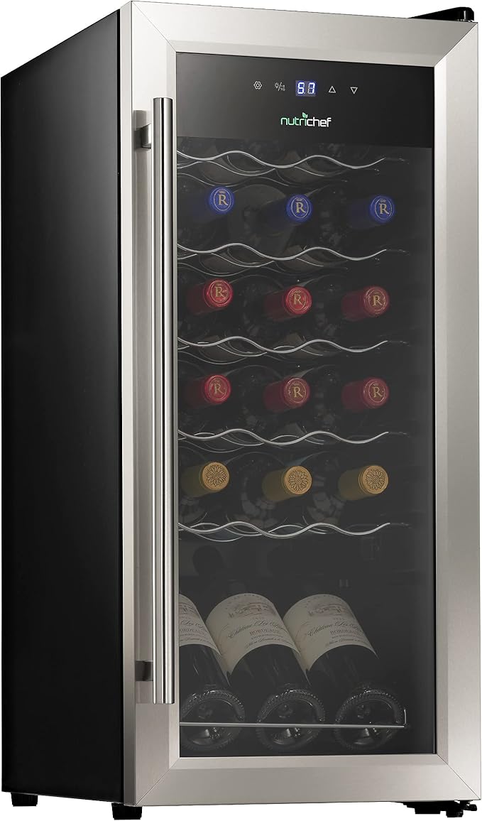 Nutrichef 18 Bottle Slim Wine Fridge | Red and White Wine Chiller | Adjustable Temperature Control 41°F to 64°F | Ultra Quiet Operation | Mini Wine Cooler for Home & Office | 30x13x17 IN