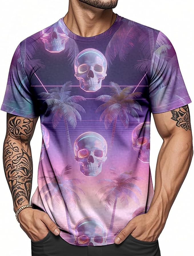 Hawaiian T Shirts for Men - Skull Palm Tree | Short Sleeve Crewneck Hawaiian Graphic Tees Summer Tops,for Travel
