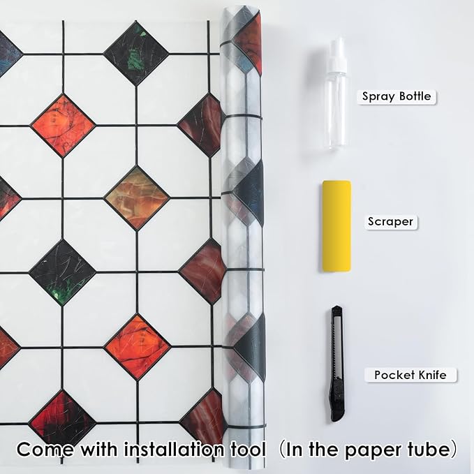 DKTIE Colorful Gem Lattice Pattern Decorative Window Privacy Film Rainbow Stained Glass Window Film Classroom Decor Renter Friendly Decor (S533, 17.7in X 118.1in)