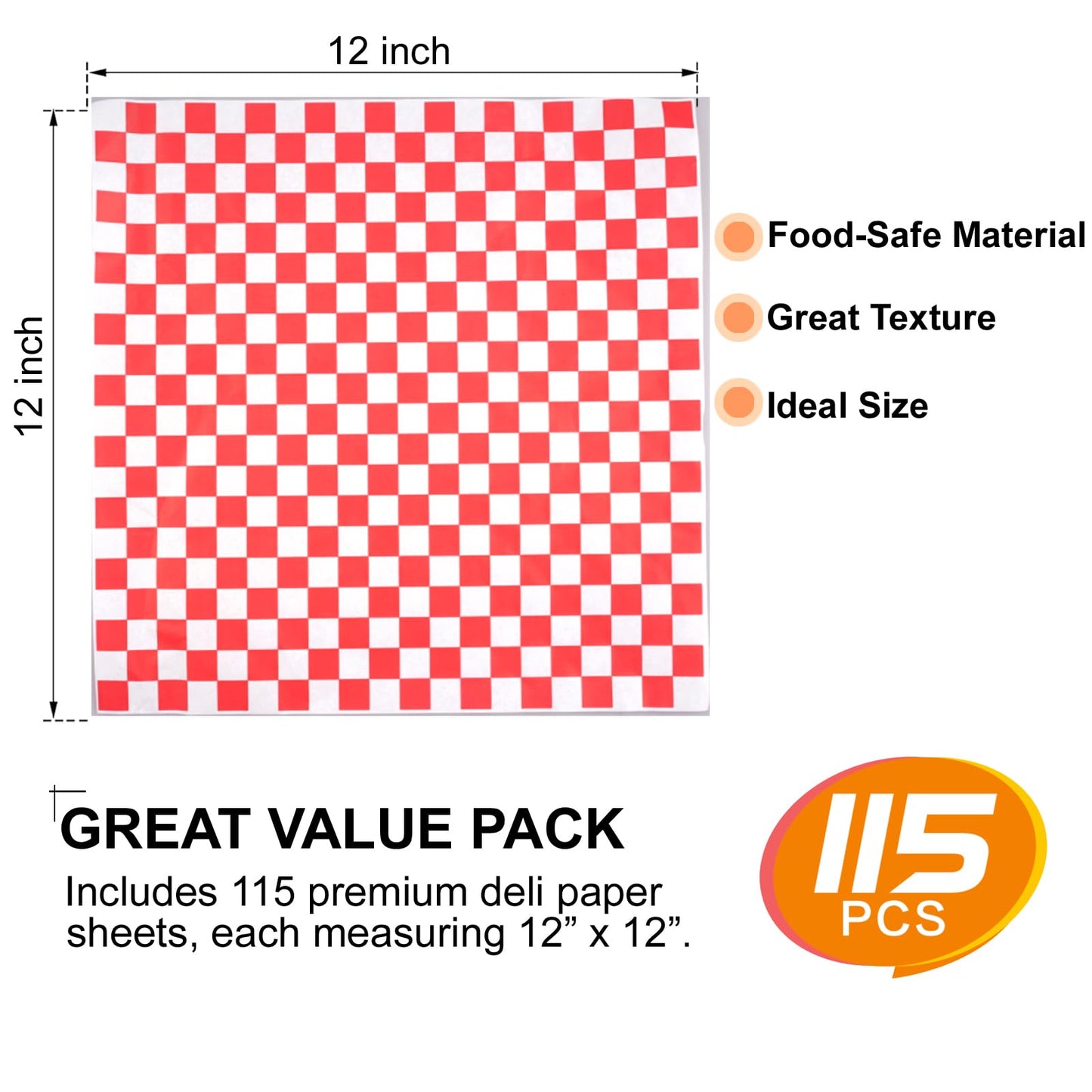 115pcs Deli Paper Sheets - 12x12" Sandwich Wrapping Paper, Checkered Wax Paper, Premium Grease Resistant Food Basket Liners