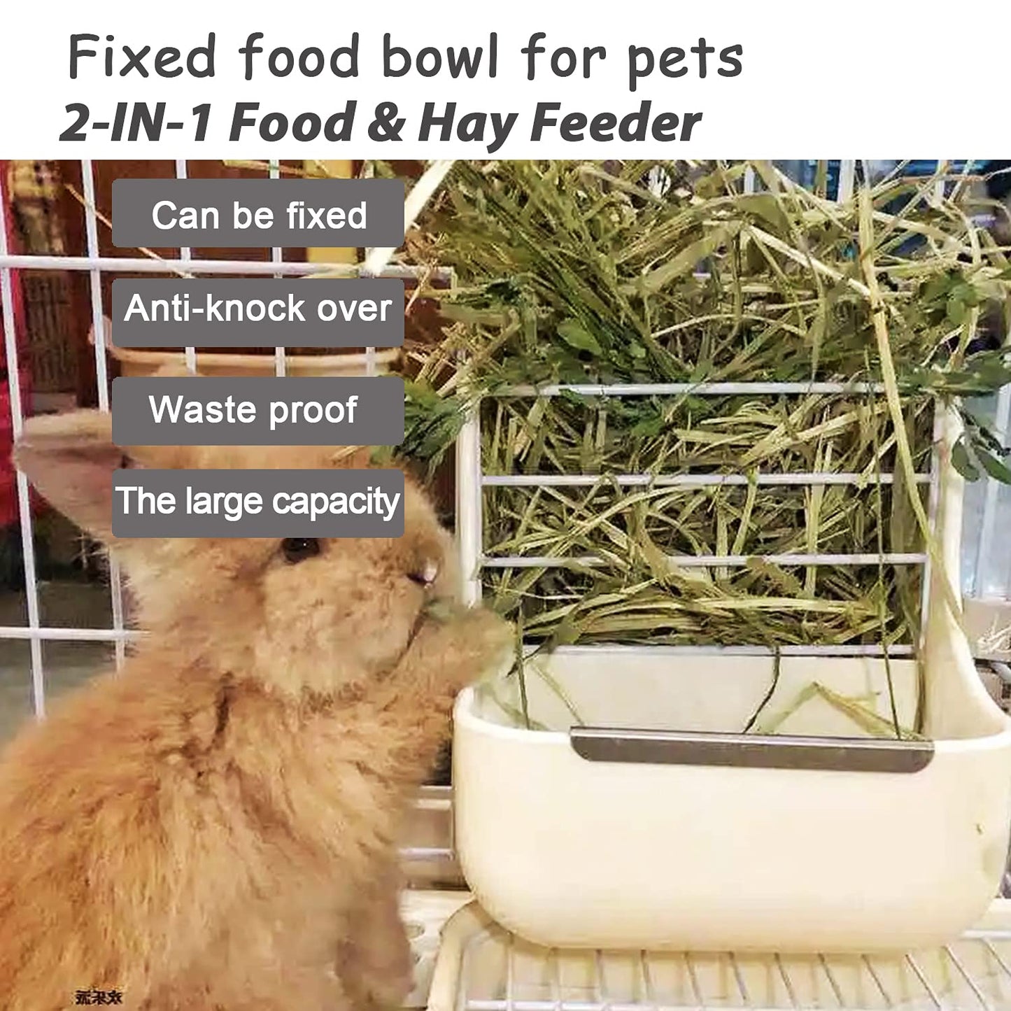 HERCOCCI Rabbit Hay Food Bin Feeder and Bunny Water Bottle Set, Hay Food Feeder Bowls Manger Rack with 500ml Hanging Water Dispenser Prevent Knock Over for Rabbit Guinea Pig Chinchilla (Large, White)