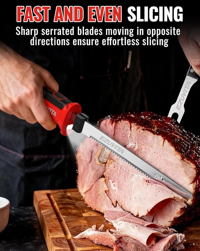 8V Cordless Electric Knife Set, Rechargeable Electric Carving Knife with Reciprocating Stainless Steel Blades for Meat & Bread, Fork Included, Equipped with interchangeable 2000mAh Large Capacity Battery, Ergonomic Handle and Safety Lock for Turkey, Me...