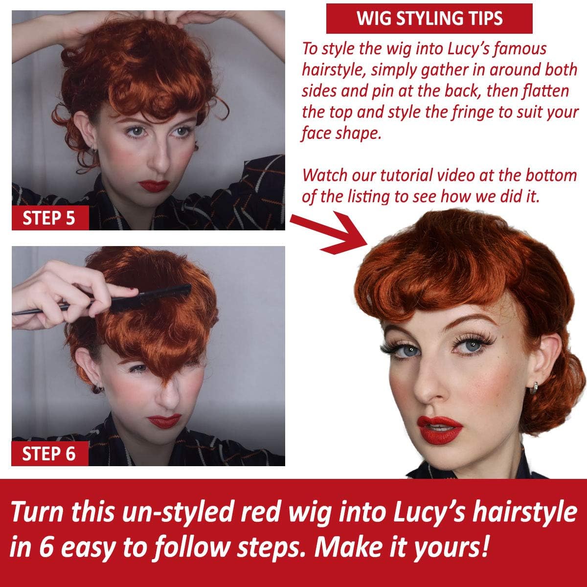 ALLAURA Wigs Lucy Auburn Red Hair Wig 50s Housewife - Synthetic Natural Looking - Lucy Wig 1950s Wig | Compatible with Lucy Wig