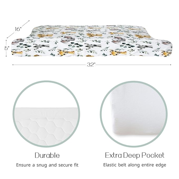 HawSkgFub African Safari Jungle Animals Eucalyptus Leaf Changing Pad Cover Baby Girls Boys, Giraffe Elephant Lion Zebra Diaper Change Table Sheet, Stretchy Safe Snug Fitted Changing Mat 32"/34" x 16"