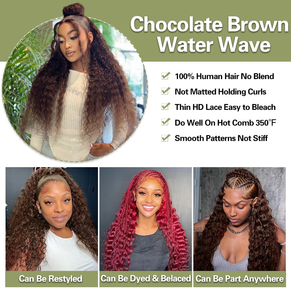 Chocolate Brown Lace Front Wig 13x4 Water Wave Lace Front Wigs Human Hair Pre Plucked 180 Density Deep Curly Brown Wet And Wavy