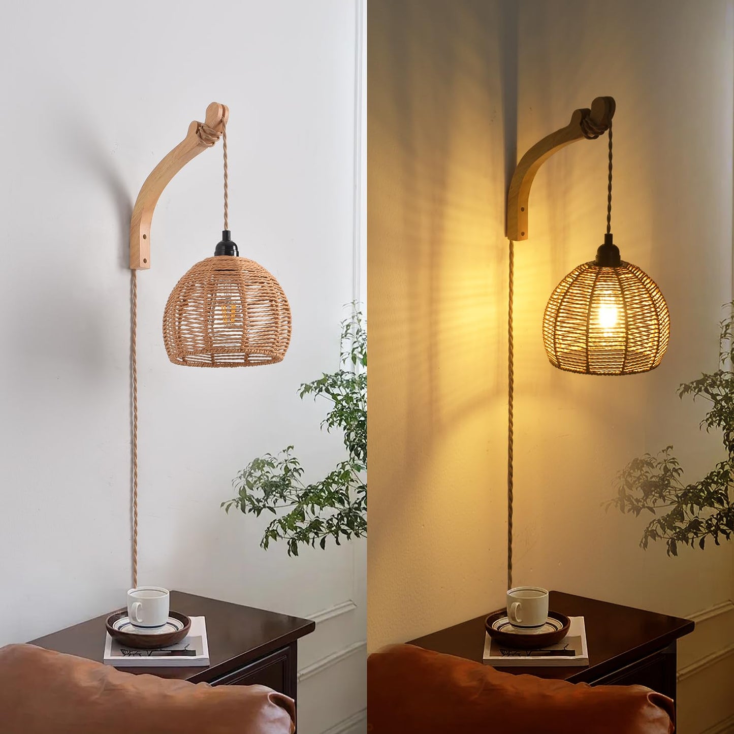 Cafulam Plug In Wall Sconce Farmhouse Wicker Wall Lamp Plug In Hand Woven Rattan Wall Light Farmhouse Rustic Boho Sconces Wall Lighting For Living Room Bedroom