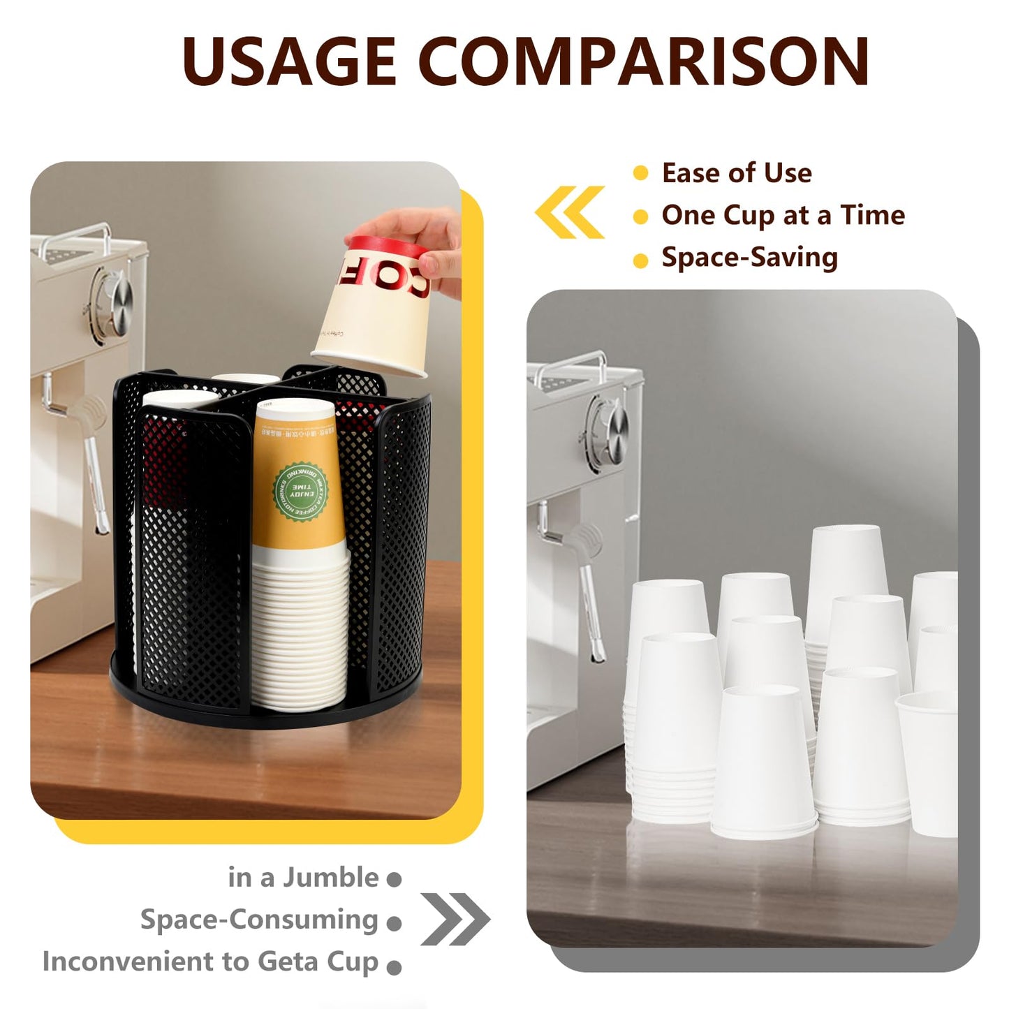 YTROG Coffee Cup Dispenser, Disposable Paper Cup and Lid Holder 360° Rotatable with 4 Compartments,Can Stacking 3-16oz Cups and Lid Holder for Coffee Shop,Home Countertop,Office,Restaurant,Kitchen